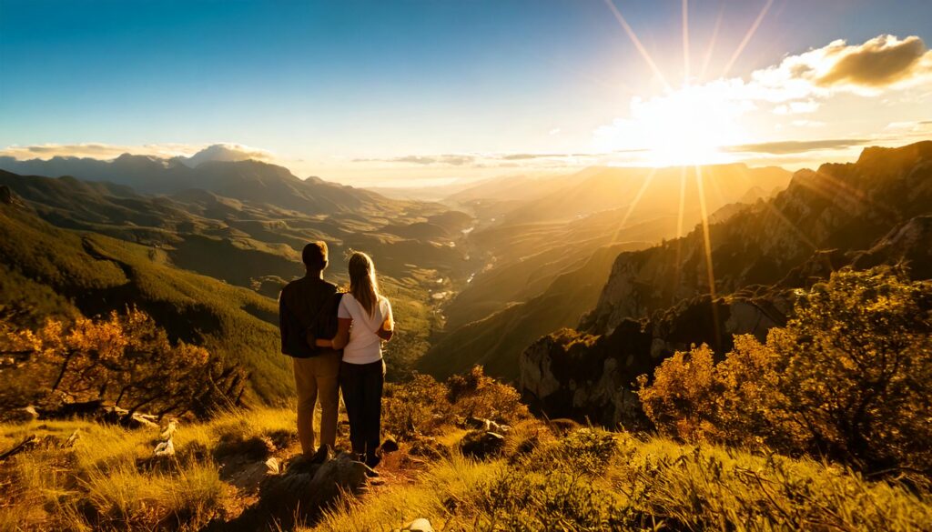 Verliefd stel kijkt uit over een dal met goudgele zonnestralen