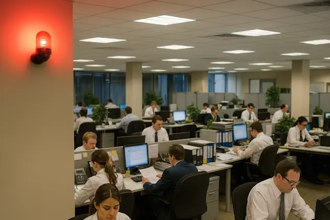 brandalarm-in-kantoor-zonder-reactie Kantoor vol mensen die doorwerken terwijl een rood brandalarm afgaat aan de muur