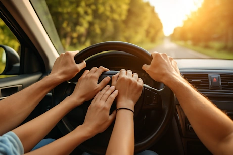 Vier handen aan het stuur van een auto als metafoor voor innerlijke stemmen op het werk