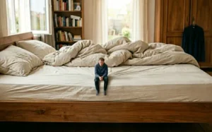 Man met burn-out zit uitgeput op bed – therapie bij Mieke Loor in Valkenswaard