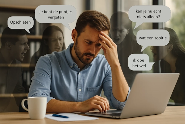 Man op kantoor met innerlijke stemmen die hem bekritiseren en afleiden tijdens het werk