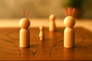 Twee houten poppetjes staan tegenover elkaar op een opstellingsbord, met rode uitroeptekens boven hun hoofd als metafoor voor botsingen op het werk.