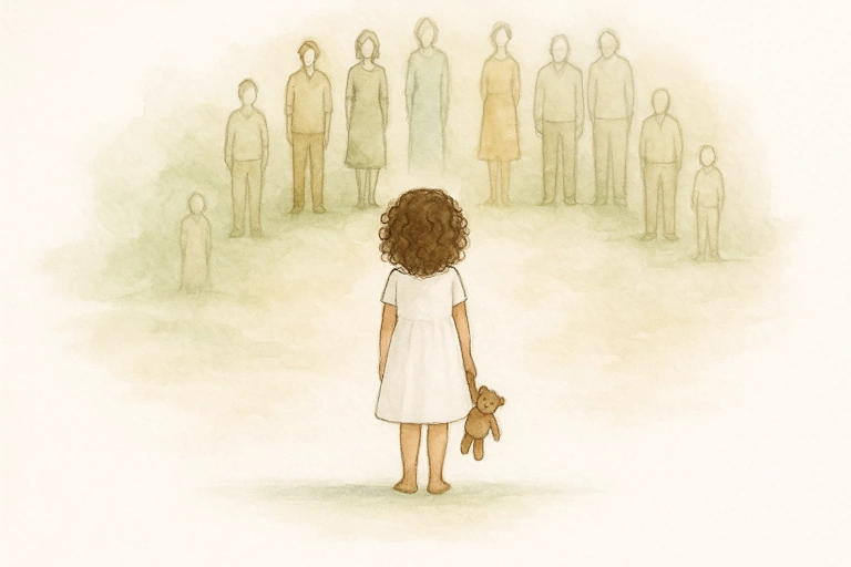 Systemysch-werk-kindje-kijkt-naar-familielijn Illustratie van een meisje met knuffel dat haar familiesysteem aankijkt tijdens een opstelling