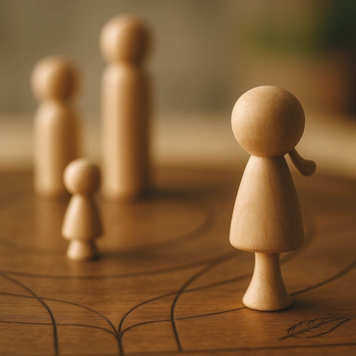 Houten familieopstelling met vrouwelijke figuur op de voorgrond en subtiel gegraveerde veer op het bord