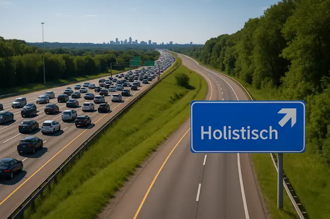 afslag-nemen-naar-holistische-therapie-valkenswaard Drukke snelweg met file links en een rustige afrit naar het bos met een blauw bord waarop ‘Holistisch’ staat.