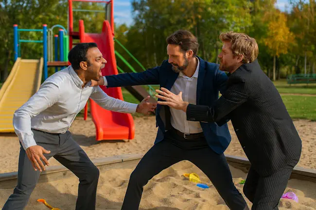botsingen-op-de-werkvloer-mannen-in-pak-zandbak Drie mannen in pak maken ruzie in een zandbak met speeltoestellen op de achtergrond, als metafoor voor botsingen op de werkvloer.