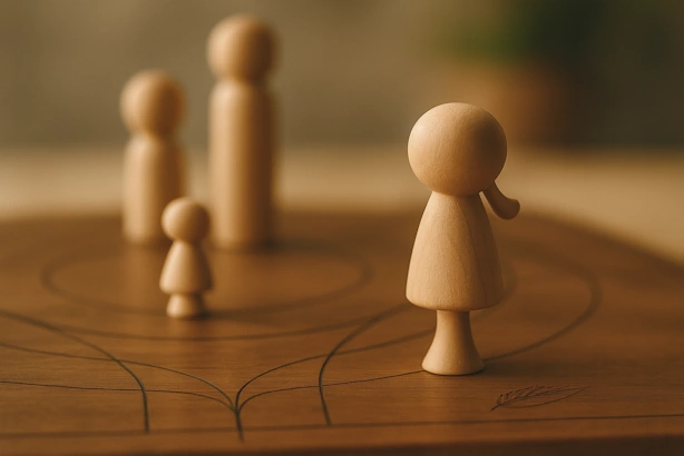 tafelopstelling-familieopstelling-houten-poppetjes-veerkracht Houten familieopstelling met vrouwelijke figuur op de voorgrond en subtiel gegraveerde veer op het bord