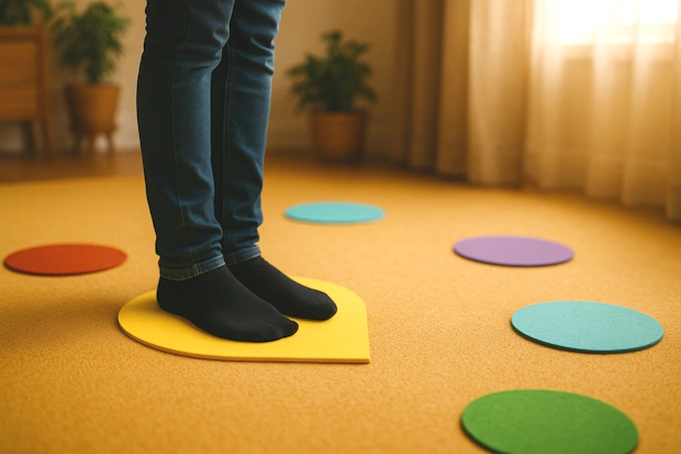 vloerankers-holistische-therapie-valkenswaard Persoon staat op okergele vloeranker tijdens systemisch werk in praktijk Jouw Eigen Veerkracht in Valkenswaard