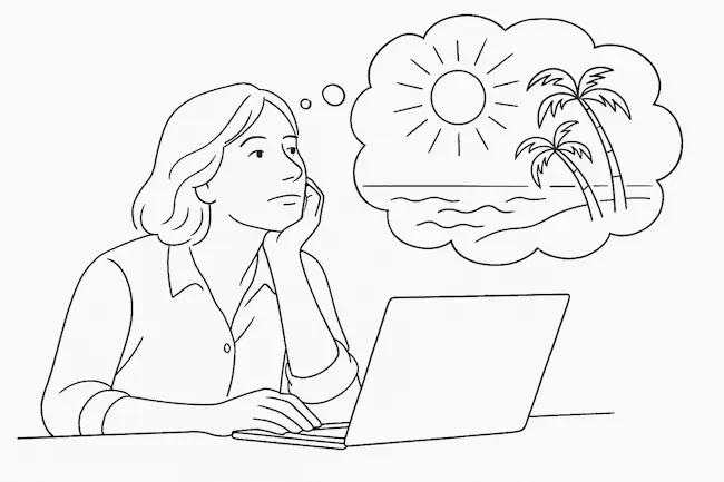 Lijntekening van een dromende vrouw achter een laptop met gedachten van zon, zee en palmbomen.