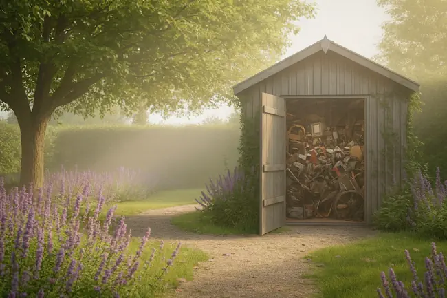 niet-erkende-rouw-schuurtje Een houten schuurtje dat uitpuilt van spullen, als metafoor voor niet-erkende rouw