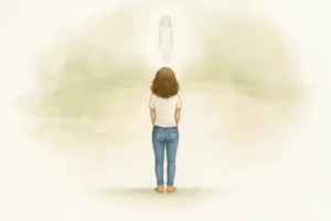 Vrouw kijkt naar haar ongeboren kind — symbool voor het gemis na een miskraam of onvervulde kinderwens.