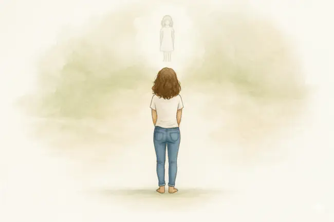 Vrouw kijkt naar haar ongeboren kind — symbool voor het gemis na een miskraam of onvervulde kinderwens.