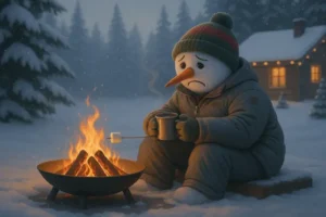 Verdrietige sneeuwpop bij een kampvuur in de winter, symbool voor een winterdip en het verlangen naar warmte en rust — illustratie bij de blog van Mieke Loor, Jouw Eigen Veerkracht Valkenswaard.