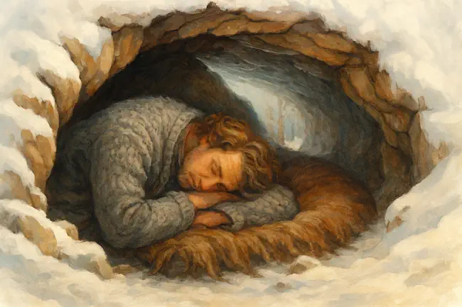 winterdip-winterslaap-vermoeidheid-seizoenen Man in winterslaap in sneeuwhol als metafoor voor winterdip en de noodzaak om te rusten en mee te gaan met het winterseizoen.