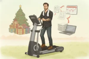 Man op crosstrainer voelt druk van goede voornemens, werkstress en eindejaarsverwachtingen.