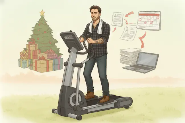 Man op crosstrainer voelt druk van goede voornemens, werkstress en eindejaarsverwachtingen.
