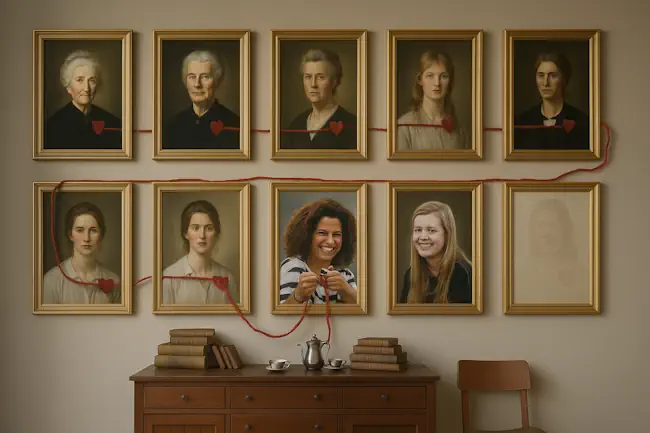 Portretten van zeven generaties vrouwen verbonden door rode draad, met vrouw die de draad doorknipt – symbool voor familielijnen doorbreken en systemisch werk