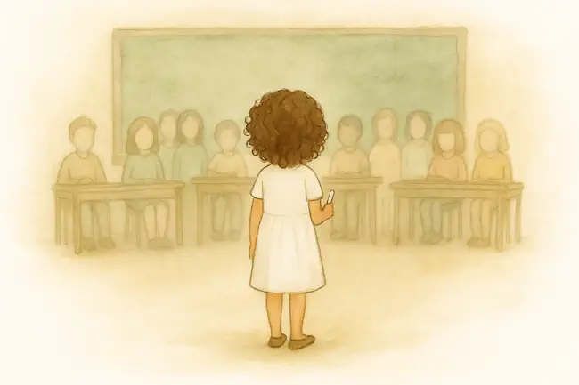 hypnotherapie-examenvrees-kind Meisje met krulletjes staat met krijtje voor de klas tijdens een spannend moment — illustratie bij hypnotherapie en examenvrees in de praktijk van Jouw Eigen Veerkracht in Valkenswaard.