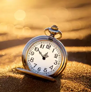 Zacht verlichte foto van een zakhorloge in het zand bij zonsondergang — symbool voor rust, tijd en vertraging bij hypnotherapie in de praktijk van Jouw Eigen Veerkracht in Valkenswaard.
