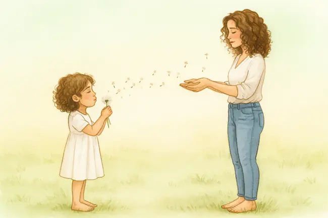 innerlijk-kindwerk-kleine-mieke-volwassen-mieke Mieke Loor ontmoet haar jongere zelf terwijl een kind een paardenbloem uitblaast; een zachte illustratie die de verbinding met het innerlijk kind verbeeldt.