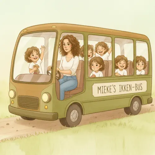 Illustratie van Mieke Loor die de ikken-bus bestuurt, met verschillende innerlijke delen aan boord, als visualisatie van Voice Dialogue therapie bij Jouw Eigen Veerkracht.