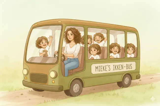mieke-loor-ikkenbus-voice-dialogue-jouw-eigen-veerkracht Illustratie van Mieke Loor die de ikken-bus bestuurt, met verschillende innerlijke delen aan boord, als visualisatie van Voice Dialogue therapie bij Jouw Eigen Veerkracht.