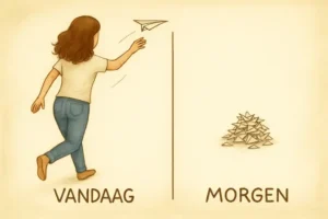 Mieke gooit een papieren vliegtuigje terwijl naast haar de woorden ‘vandaag’ en ‘morgen’ staan — symbool voor uitstelgedrag en de strijd tussen willen en doen.