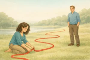 Vrouw legt met een lint haar eigen grens, terwijl een ander op afstand toekijkt.