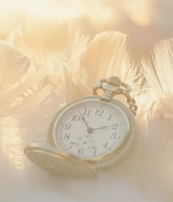 Zakhorloge tussen veren in warm licht, symbool voor hypnotherapie en werken met tijd en onderbewu