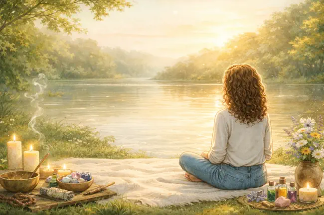 Aquarelillustratie van Mieke Loor die in stilte naar het water kijkt, symbool voor holistische therapie en innerlijke rust bij Jouw Eigen Veerkracht