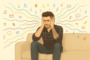 Illustratie van een man met zijn handen aan zijn hoofd die worstelt met overprikkeling, in zachte therapie-stijl van Mieke Loor van Jouw Eigen Veerkracht.