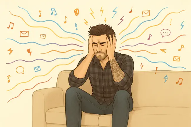 Illustratie van een man met zijn handen aan zijn hoofd die worstelt met overprikkeling, in zachte therapie-stijl van Mieke Loor van Jouw Eigen Veerkracht.