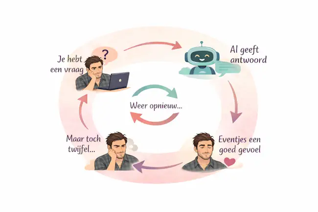 Infographic over de AI-therapiecirkel waarin iemand steeds opnieuw vragen stelt aan AI, tijdelijk opluchting voelt en blijft twijfelen, gebruikt in de praktijk Jouw Eigen Veerkracht van Mieke Loor.
