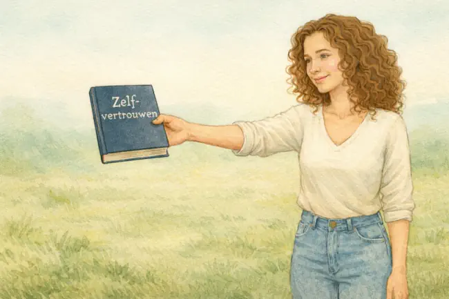 Mieke reikt een boek met de titel zelfvertrouwen aan, maar vertelt erbij dat je zelfvertrouwen niet uit een boek leert