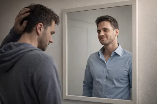 Onzekere man kijkt in de spiegel en ziet een zelfverzekerde versie van zichzelf bij Jouw Eigen Veerkracht
