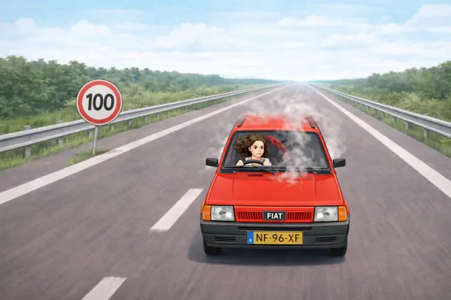 Mieke Loor rijdt in een rode Fiat Panda op een rechte snelweg met rook onder de motorkap als metafoor voor burn-out herstel en overbelasting – Jouw Eigen Veerkracht