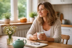 Een vrouw aan de keukentafel tijdens herstel na burn-out – Jouw Eigen Veerkracht