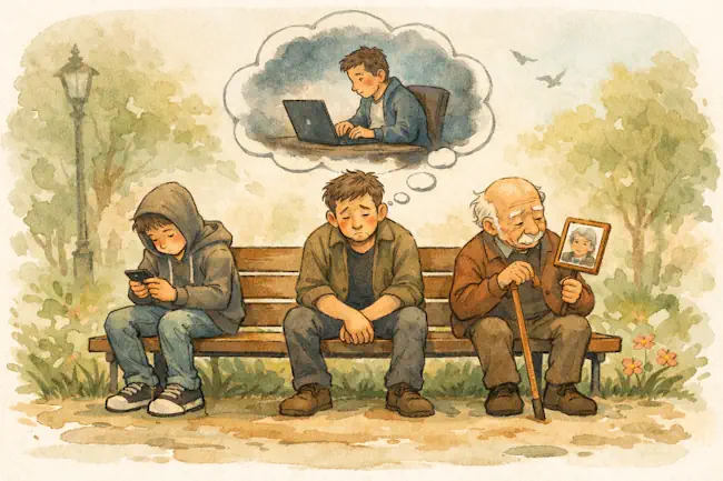 Illustratie van eenzaamheid en depressie bij jongeren en ouderen, passend bij therapie van Mieke Loor – Jouw Eigen Veerkracht