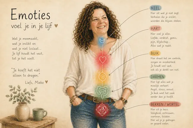 Illustratie van vrouw met emoties in lichaam zichtbaar bij keel, hart, buik en darmen, uitleg over waar emoties voelbaar zijn bij therapie Mieke Loor