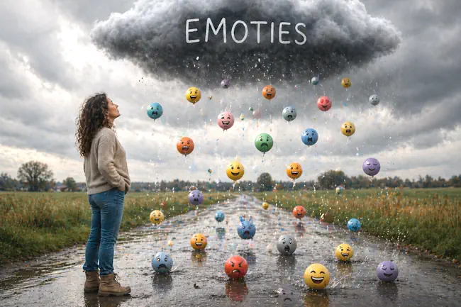 Vrouw kijkt naar wolk met emoties die naar beneden vallen als hagelballen, beeld van heftige emoties en innerlijke onrust bij therapie Mieke Loor Valkenswaard