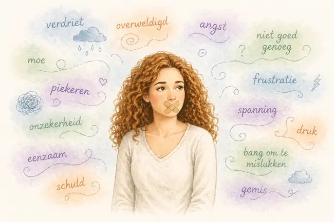 Vrouw met pleister op mond en woorden van gevoelens eromheen – moeite met praten over gevoelens – therapie bij Mieke Loor Valkenswaard