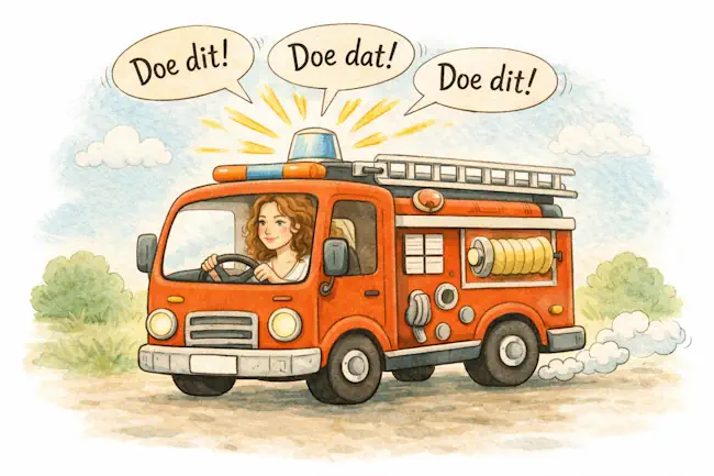 mieke-loor-therapie-onrust-hoofd-stoppen-met-rennen Illustratie van een brandweerwagen met een vrouw achter het stuur, symbool voor onrust in het hoofd en de behoefte aan rust en herstel bij therapie van Mieke Loor.