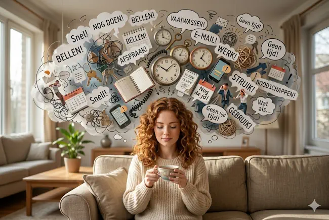 Vrouw zit op de bank met een kop thee terwijl haar hoofd vol gedachten zit zoals bellen, werk en afspraken, herkenbaar beeld van niet kunnen stilzitten en onrust in je hoofd