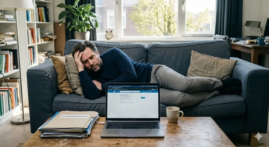 Man ligt uitgeput op de bank met laptop en sollicitatiemap, zichtbaar vastgelopen na ontslag en depressie