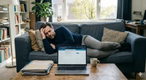 Man ligt uitgeput op de bank met laptop en sollicitatiemap, zichtbaar vastgelopen na ontslag en depressie
