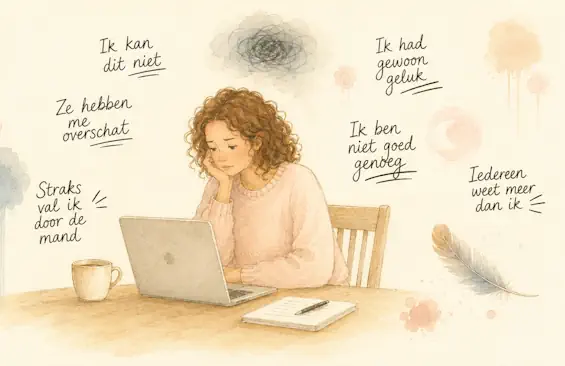 Vrouw achter laptop omringd door negatieve gedachten zoals "ik kan dit niet" en "straks val ik door de mand". Illustratie imposter syndroom door Jouw Eigen Veerkracht.