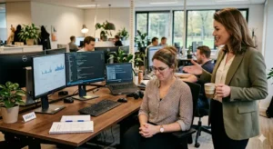 Vrouw op de werkvloer die twijfelt aan zichzelf terwijl collega haar aanwijzingen geeft. Herkenbaar beeld bij imposter syndroom.