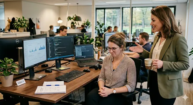Vrouw op de werkvloer die twijfelt aan zichzelf terwijl collega haar aanwijzingen geeft. Herkenbaar beeld bij imposter syndroom.