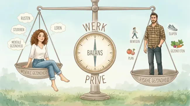 Werk-privé balans en mentale gezondheid: illustratie van weegschaal met mentale en fysieke gezondheid, begeleiding bij Jouw Eigen Veerkracht Valkenswaard