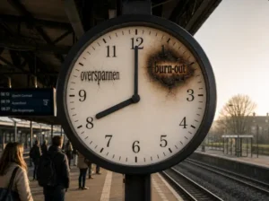 Klok met overspannen op de wijzerplaat en een verbrand burn-out gedeelte, symbool voor oplopende tijd